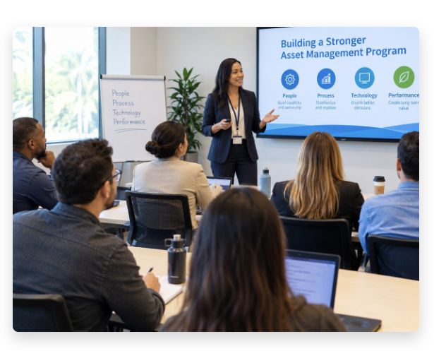 A presenter leading an asset management training session, with a slide outlining the People, Process, Technology, and Performance framework and attendees seated around a conference table taking notes.