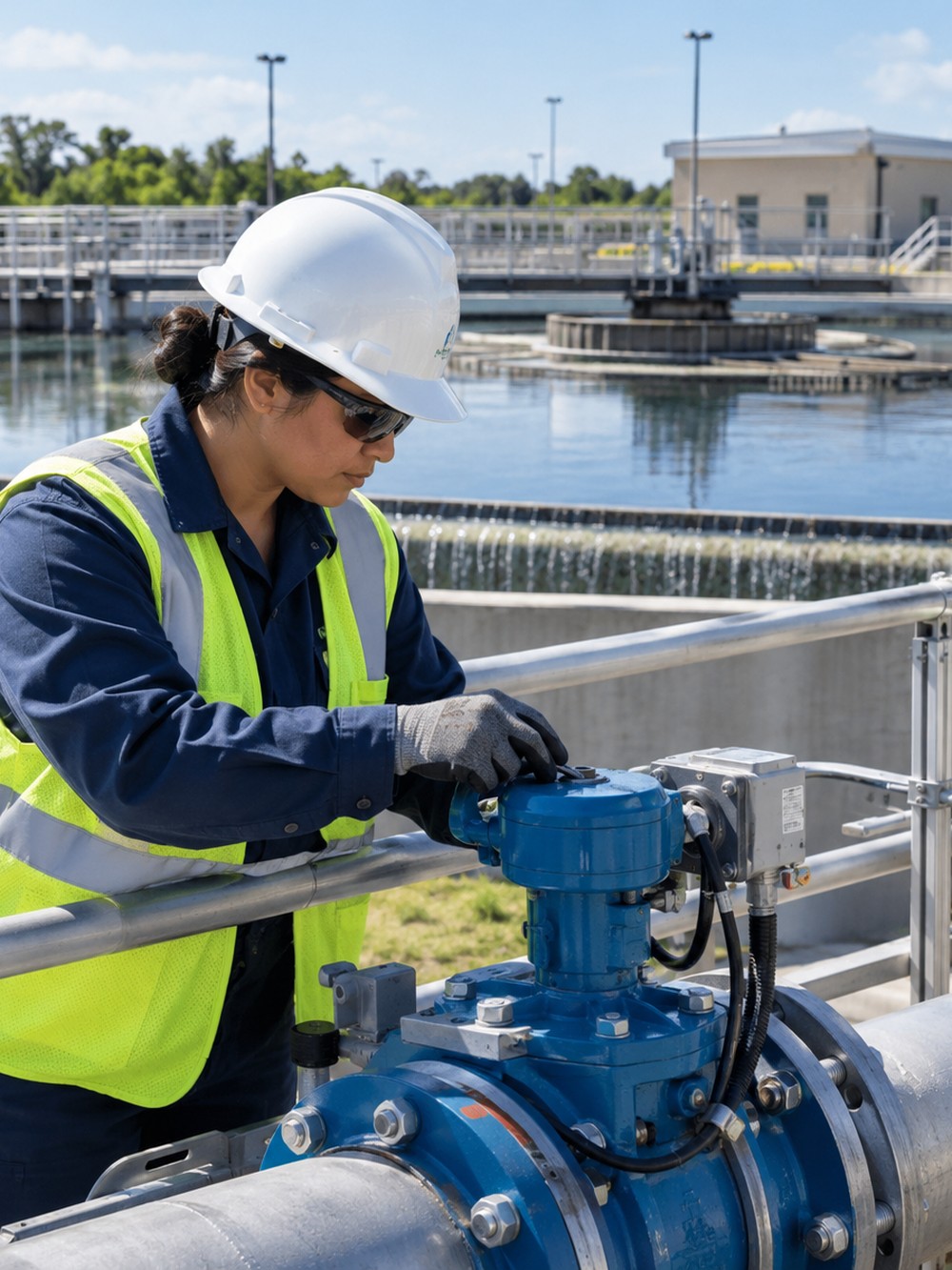 A utility worker in a hard hat and safety vest adjusts a valve on piping at a water treatment facility.
