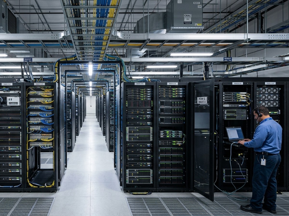 A technician working on a laptop beside open server racks in a row of data center equipment.